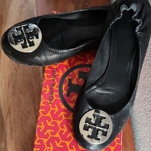 Tory Burch Classic REVA Ballet Flats -black Leather with Silver Logo